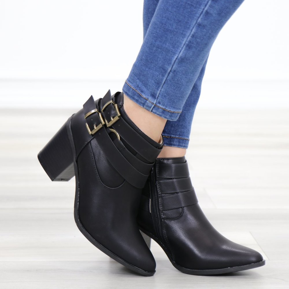 Pointy Toe Black Ankle Boots w/ Buckles - Picture 4 of 12
